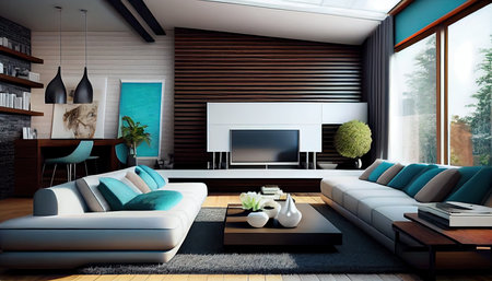 Modern living room interior design with sofa and tv 3D Illustration