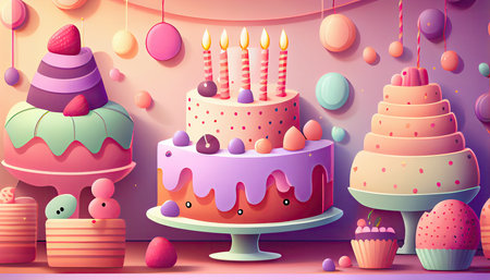 Birthday cake with candles, cupcakes and balloons. Vector illustration.