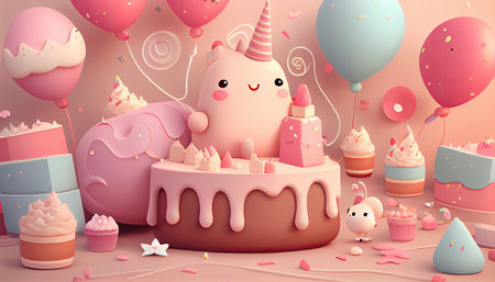 birthday cake with unicorn, 3d illustration, paper art style