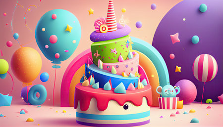 Birthday cake with balloons and confetti, 3d vector illustrationの写真素材