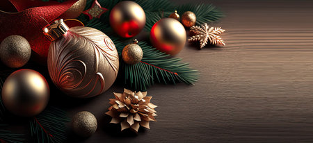 Christmas background with baubles and fir branches. 3D illustration.の写真素材