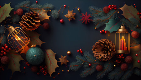 Christmas background with fir tree branches, pine cones, lanterns, berries and decorationsの写真素材