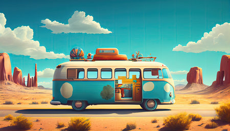 Camper van in the desert. 3D illustration. Vintage style.の写真素材