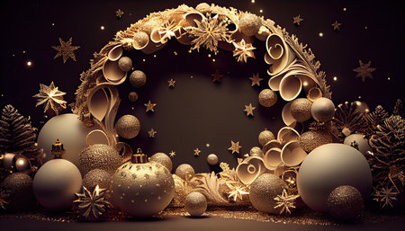 Christmas background with golden ornaments and snowflakes. 3D renderingの写真素材