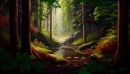 Fantasy forest landscape with river and green trees. Digital painting.の写真素材