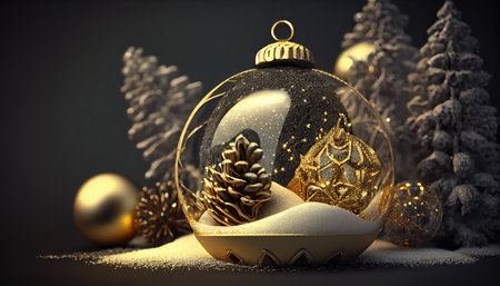3d render of christmas bauble with pine cones and snow on dark backgroundの写真素材