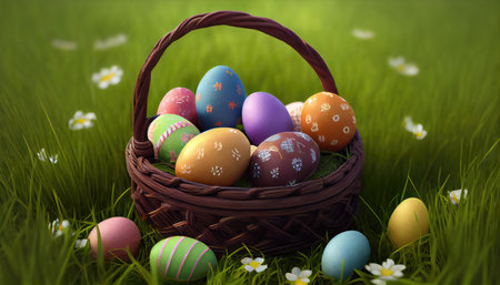 Basket with painted easter eggs on green grass, 3d renderの素材