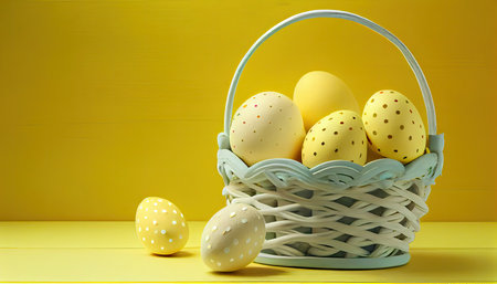 Easter eggs in a basket on a yellow background. Happy Easter.の素材