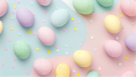 Easter background with pastel colored eggs and confetti. 3d renderの素材