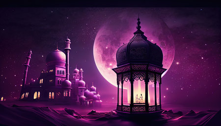 Ramadan Kareem greeting card with mosque and moon. Ramadan Kareem backgroundの素材