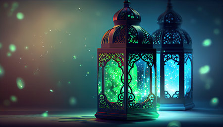 Ramadan Kareem greeting card with glowing lanterns. Vector illustrationの素材
