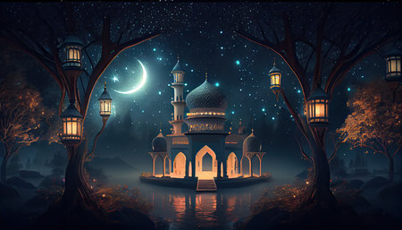 Illustration of mosque at night with moon and trees. Ramadan Kareem backgroundの素材