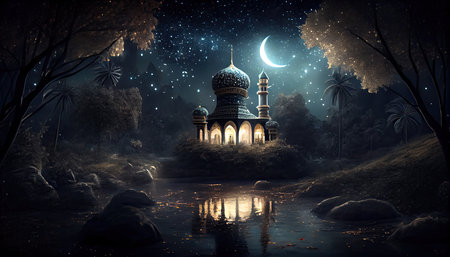 Mosque in the middle of the forest at night. 3d renderingの素材