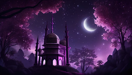 Illustration of Ramadan Kareem background with mosque in the forest.の素材