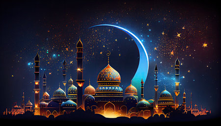 Ramadan Kareem greeting card with mosque and moon. Vector illustrationの素材