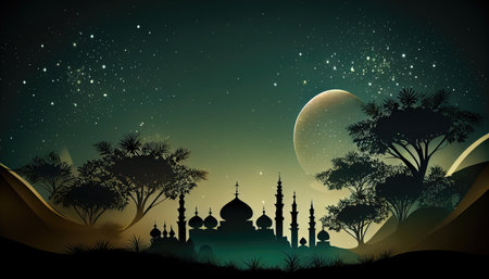 Illustration of ramadan kareem background with mosque and moonの素材