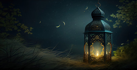 Lantern in the forest at night, 3D illustration.の素材