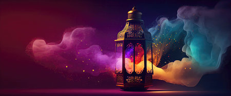 Ramadan Kareem background with arabic lantern and colorful smokeの素材