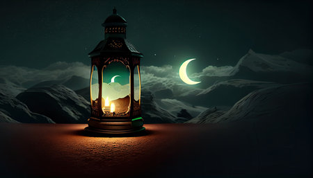 Ramadan Kareem greeting card with lantern and crescent moon.の素材