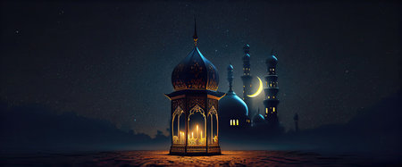 Mosque at night with moon and stars. 3D rendering.の素材