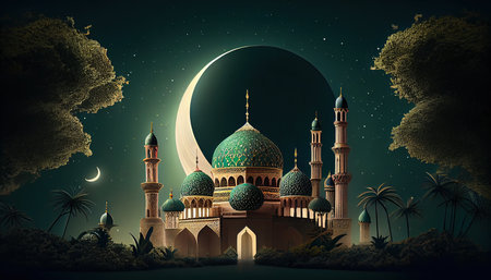 Ramadan Kareem Background with Mosque and Moon. Vector Illustrationの素材