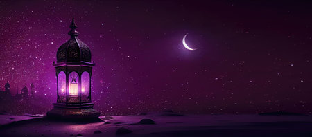 Ramadan Kareem greeting card with Arabic lantern and crescent moonの素材