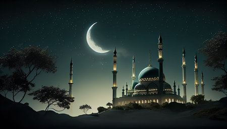 Illustration of mosque at night with moon and stars in the skyの素材