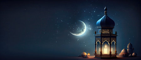Ramadan Kareem greeting card with mosque and crescent moon.の素材