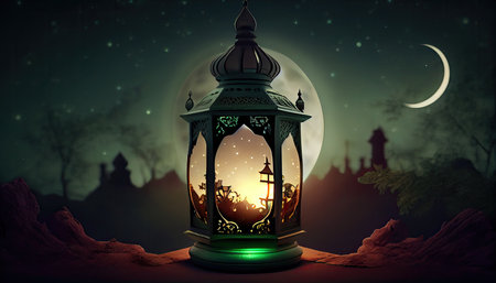 Ramadan Kareem background with lanterns and crescent moon.の素材