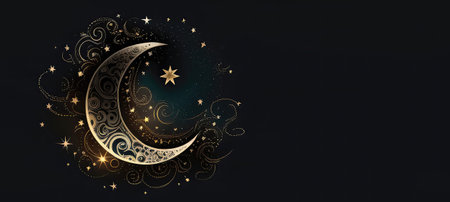Ramadan Kareem background with crescent moon and stars. Vector illustration.の素材
