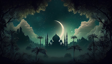 Ramadan Kareem background with mosque and moon. Vector illustration.の素材