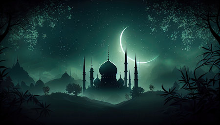 Ramadan Kareem background with mosque and moon. Vector illustration.の素材