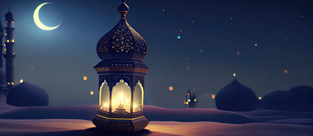 Ramadan Kareem greeting card. Islamic lanterns and crescent moonの素材