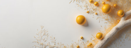 Banner with yellow easter eggs on white background with copy space.の素材