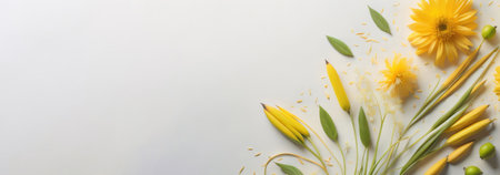 Banner with yellow flowers on a white background. Space for text.の素材