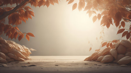 Wooden table with autumn leaves and sun flare, vintage tone.の素材