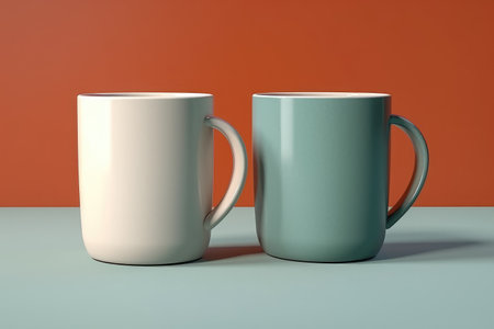 Two mugs on a blue and orange background. 3d renderの写真素材