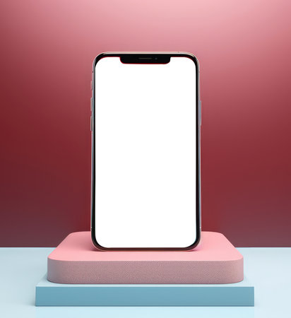 Smartphone with white screen on a pink background. 3d renderingの写真素材