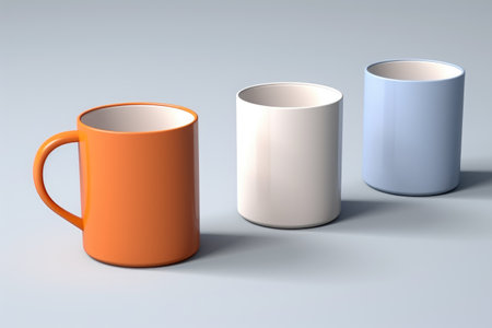 Orange and white mugs on grey background. 3D rendering.の写真素材