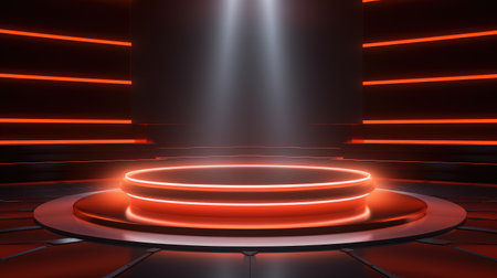 3D rendering of a podium in the dark room with neon lights.の素材