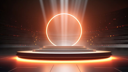 3d rendering of abstract background. Futuristic podium with neon lights.の素材