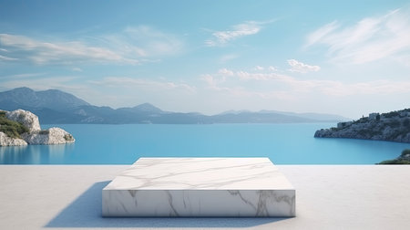 White marble platform on the background of the sea and mountains. 3d renderingの素材