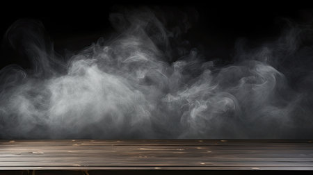 White smoke on wooden table isolated on black background. Mock up for designの素材