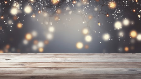 Wooden table against blurry christmas tree with bokeh lightsの素材