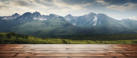Wooden table in front of mountains panorama. Panoramic viewの素材