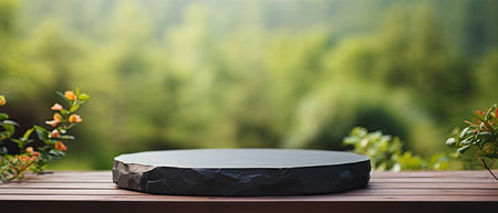3d render of black stone podium or stand for product display on nature backgroundの素材