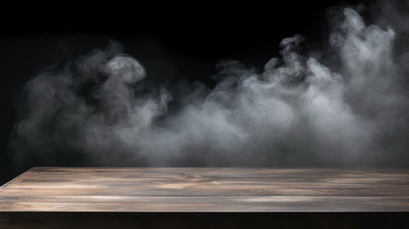 Empty wooden table and smoke on black background. Ready for product display montageの素材