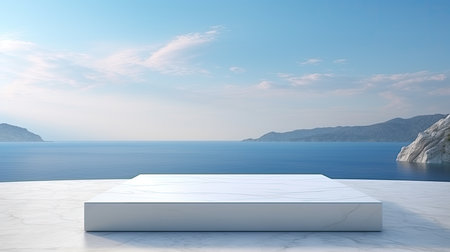 White marble platform on the background of the sea. 3d renderingの素材