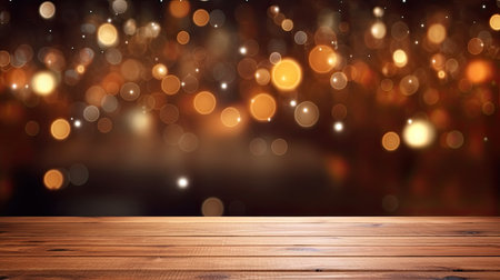 Wooden table with bokeh lights background, product display templateの素材