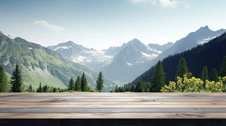 Wooden table top against view of snowy mountain landscape 3d renderingの素材